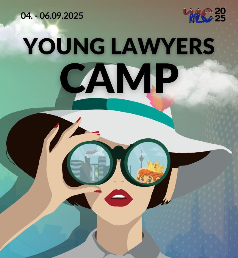 Beitragsbild zum Young Lawyers Camp, 04.–06.09.2025. Illustration einer Frau mit großem Hut und übergroßer Brille, in deren Gläsern eine stilisierte Stadtsilhouette von Düsseldorf zu sehen ist.